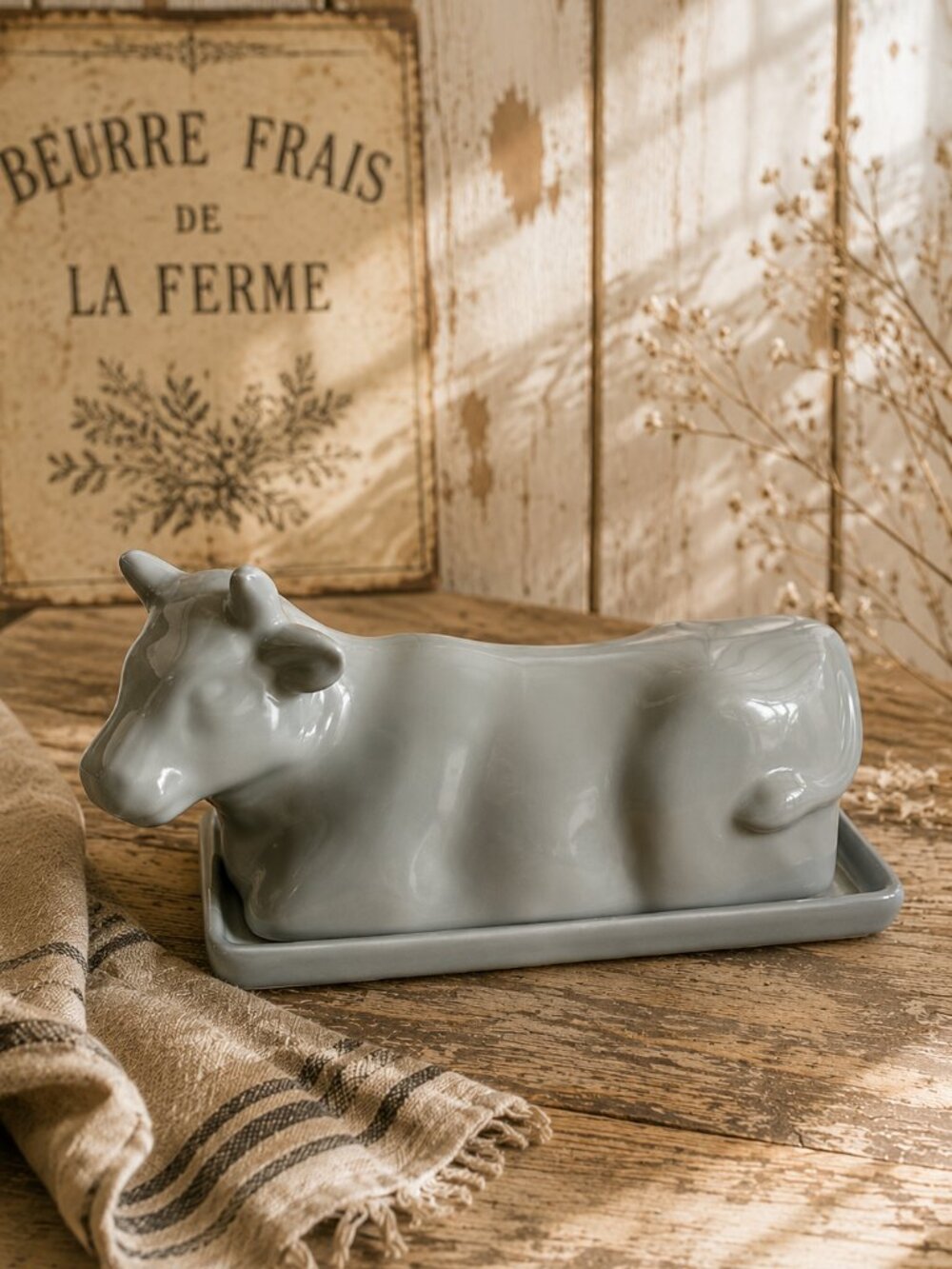 Vintage Cow Shaped Collectible Butter Dish With a Grey Glazed Finish